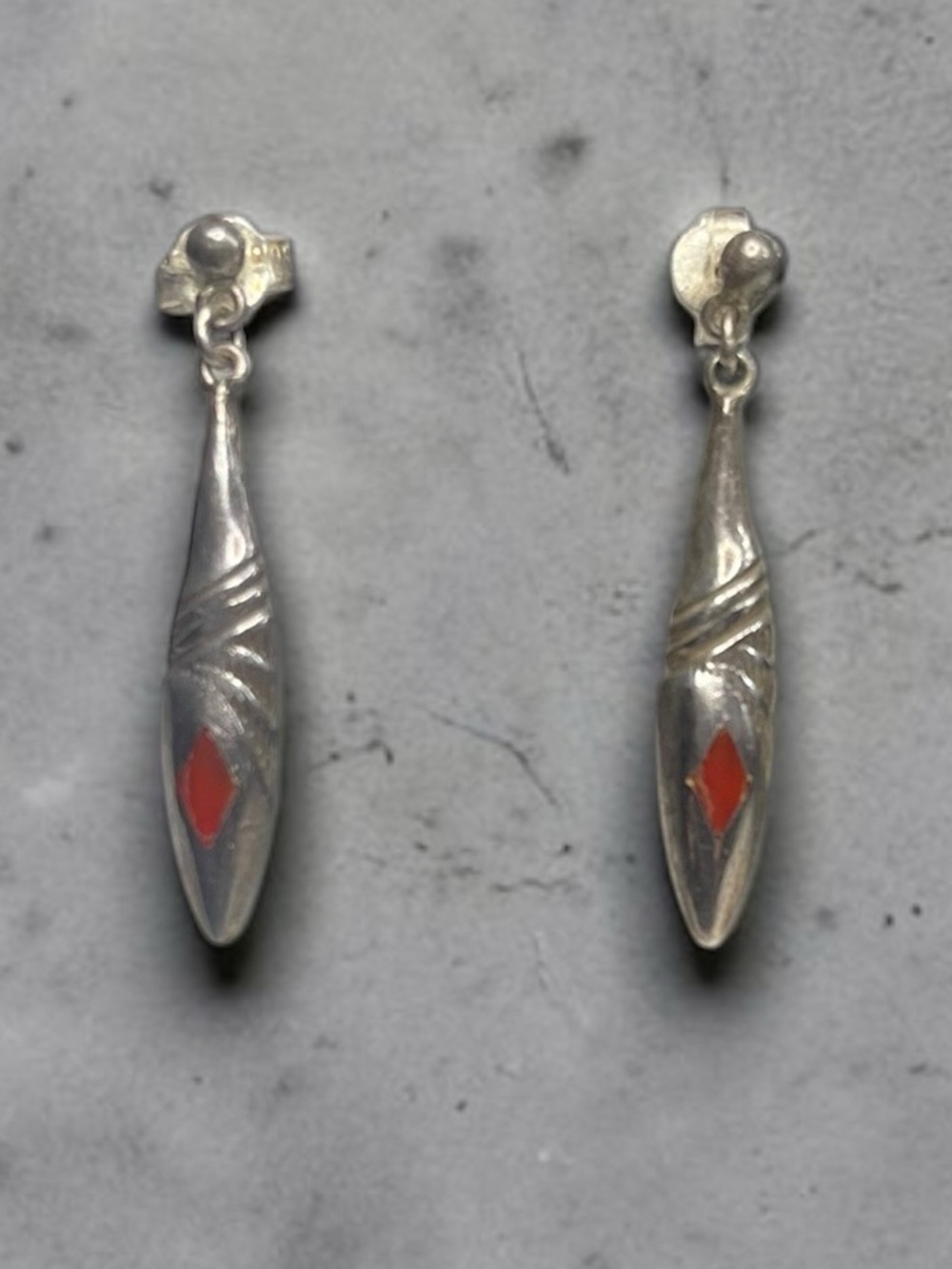 Artisan Carnelian Inlay Sculptural Silver Dangle Earrings Southwestern